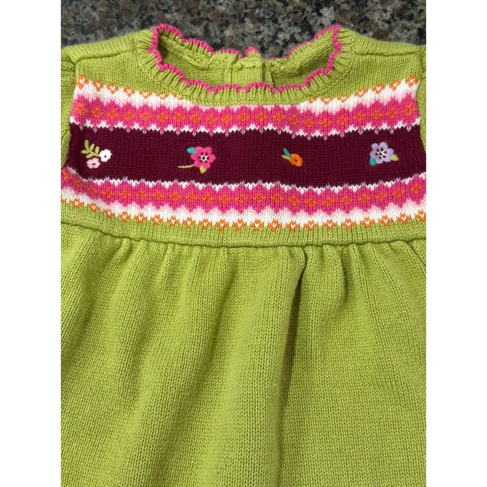 Gymboree Girls Lime Green Knit Floral Fair Isle Sweater Dress 12-18 Months